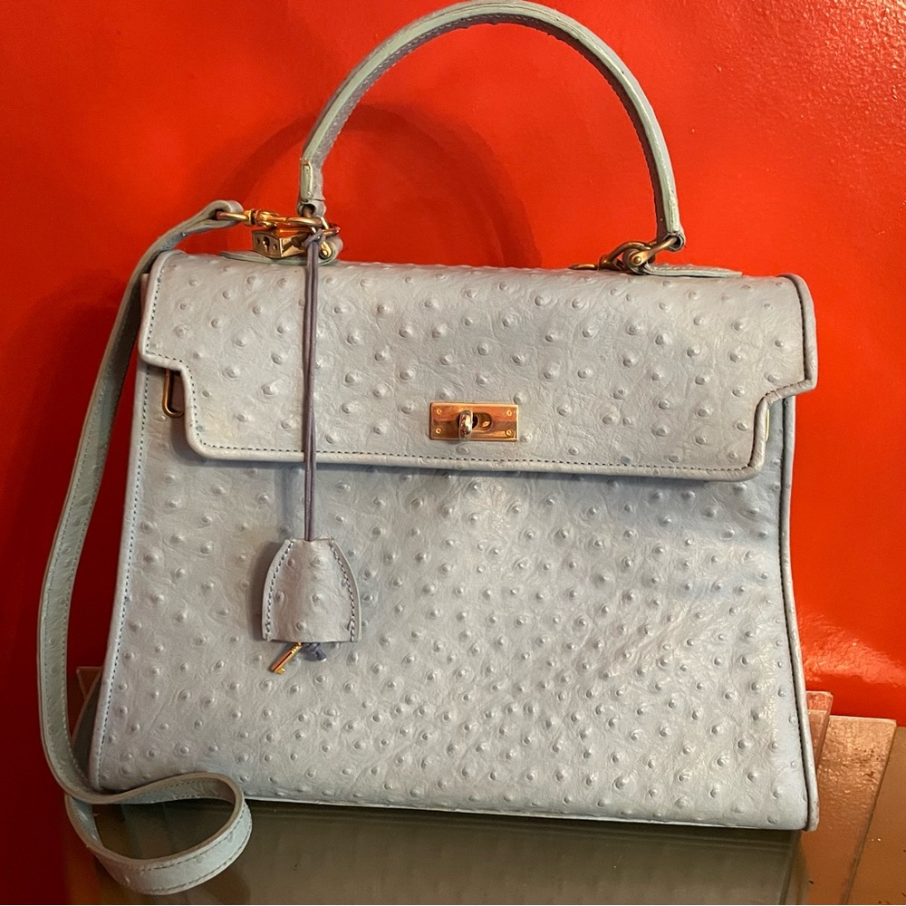 Ghibli Ostrich Birkin Style Bag Iconic Pad Lock key Light Blue